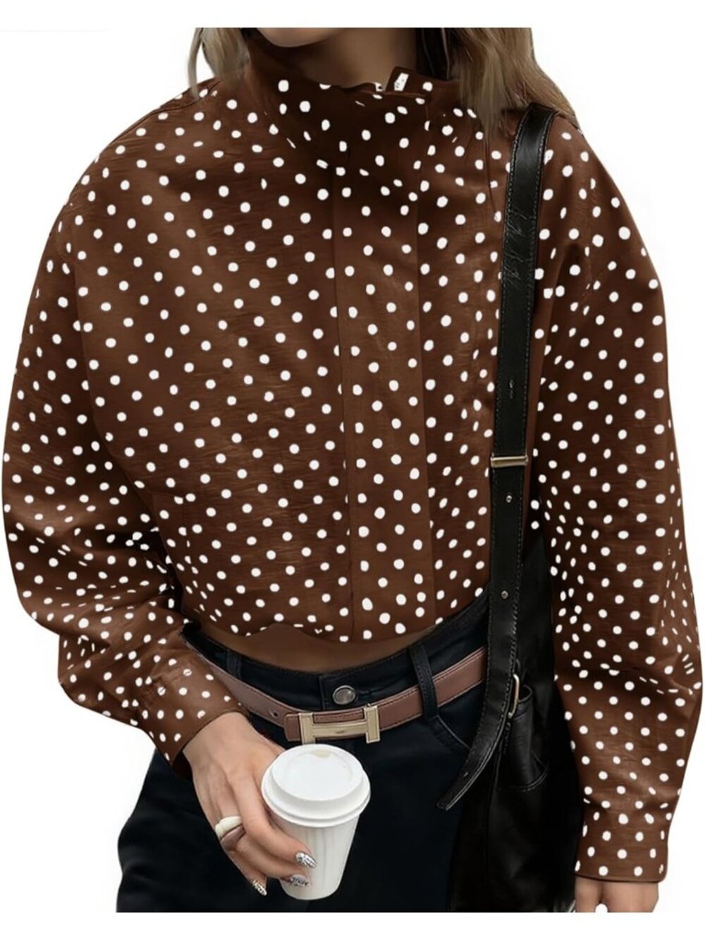 Women’s Brown Polka Dot Lightweight Lapel Collar Coat ZIP Up Cropped Jacket